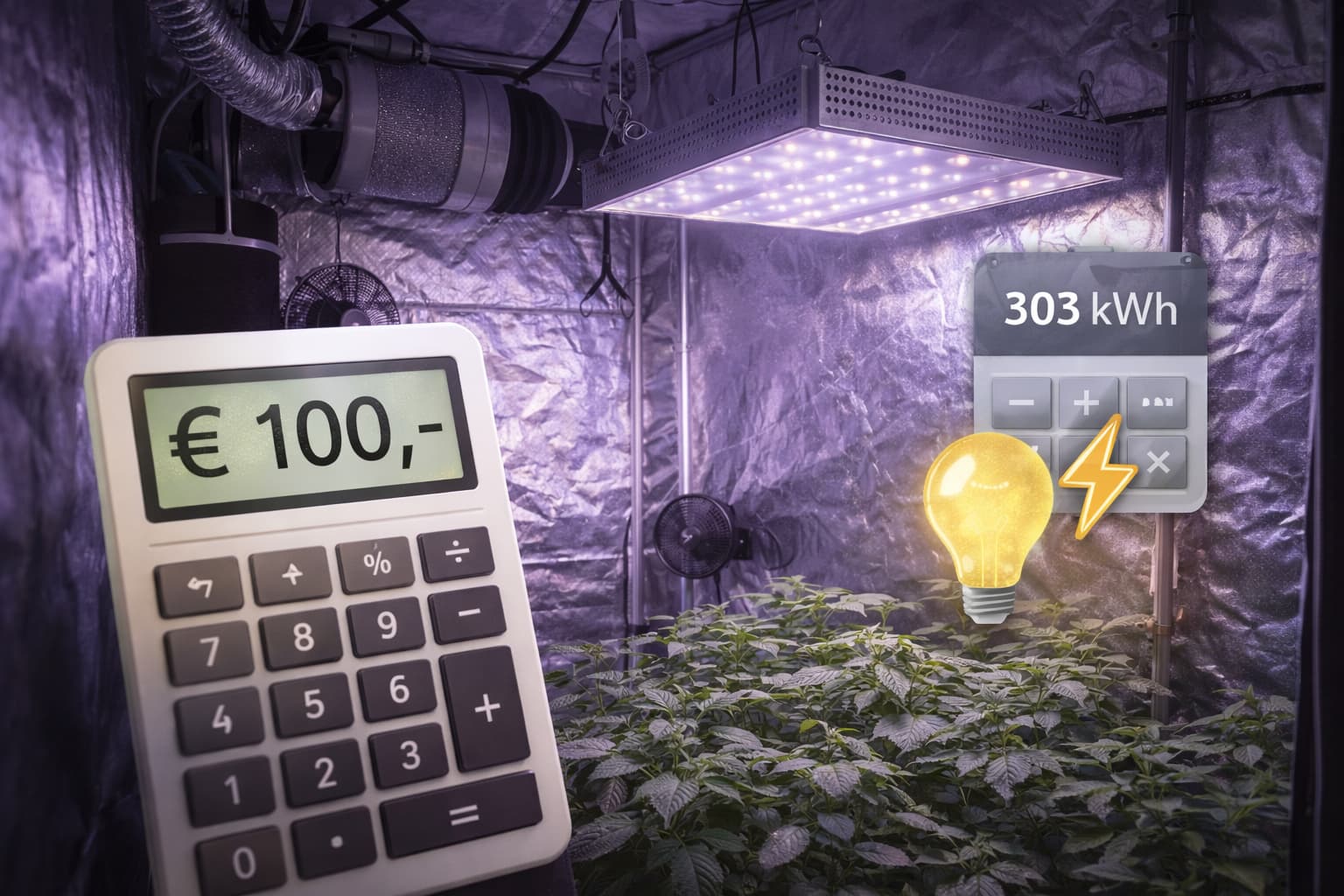 Kweektent met LED kweeklamp en berekening van energiekosten en stroomverbruik