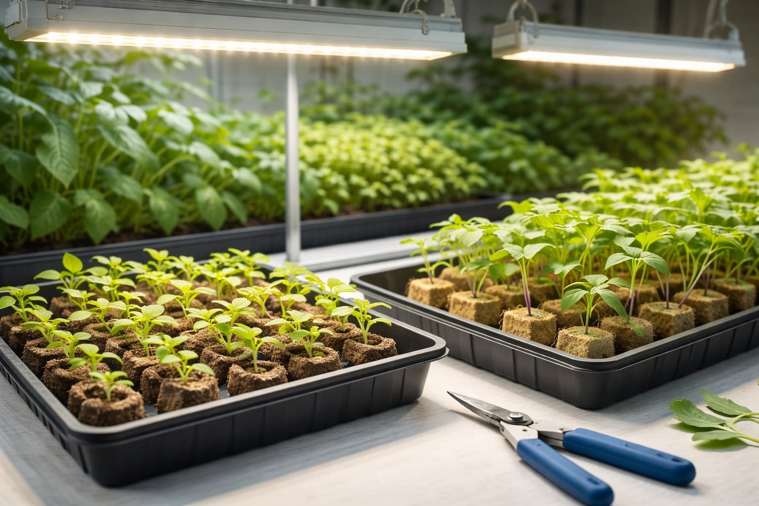 Seedlings and cuttings under LED grow lights for optimal plant growth