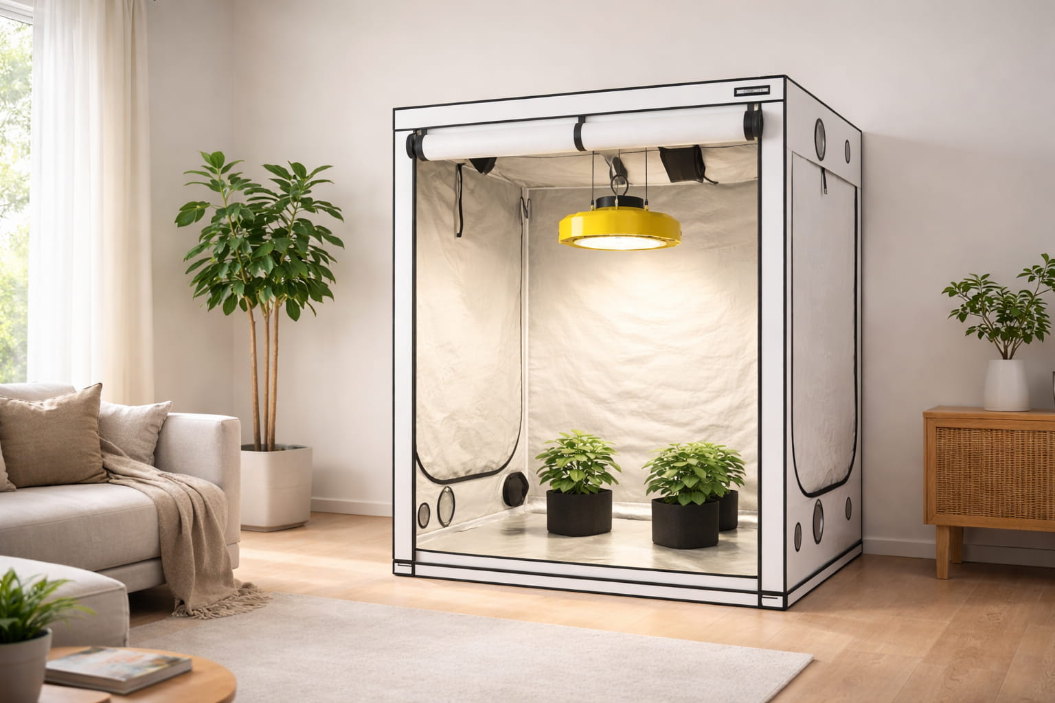 Kweektent opzetten in huiskamer met LED kweeklamp en planten
