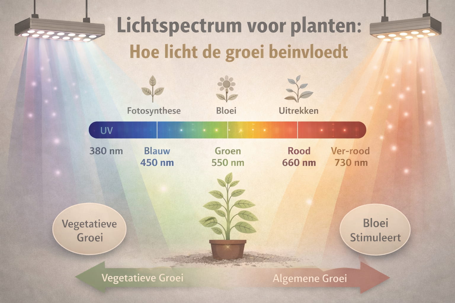 Light spectrum for plants with explanation of UV, blue, green, red and far-red light and effect on growth and flowering
