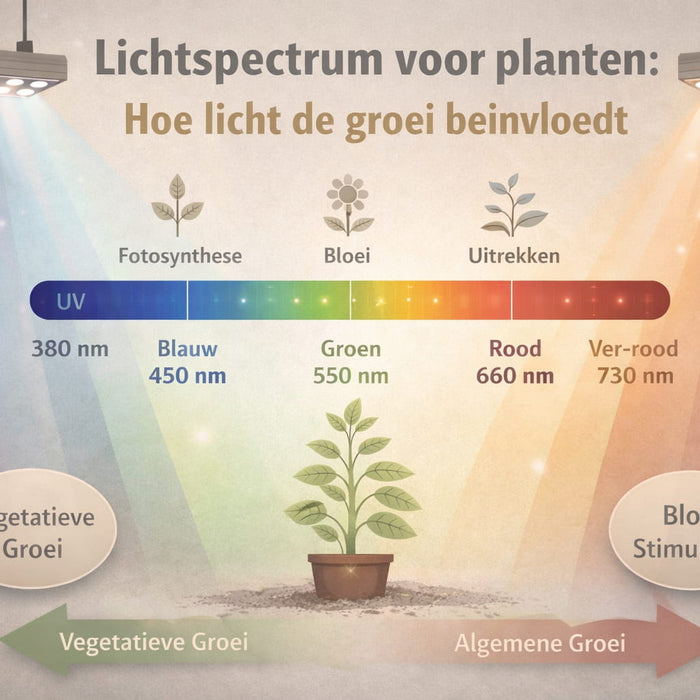 Lichtspectrum voor planten met uitleg van UV, blauw, groen, rood en ver-rood licht en effect op groei en bloei