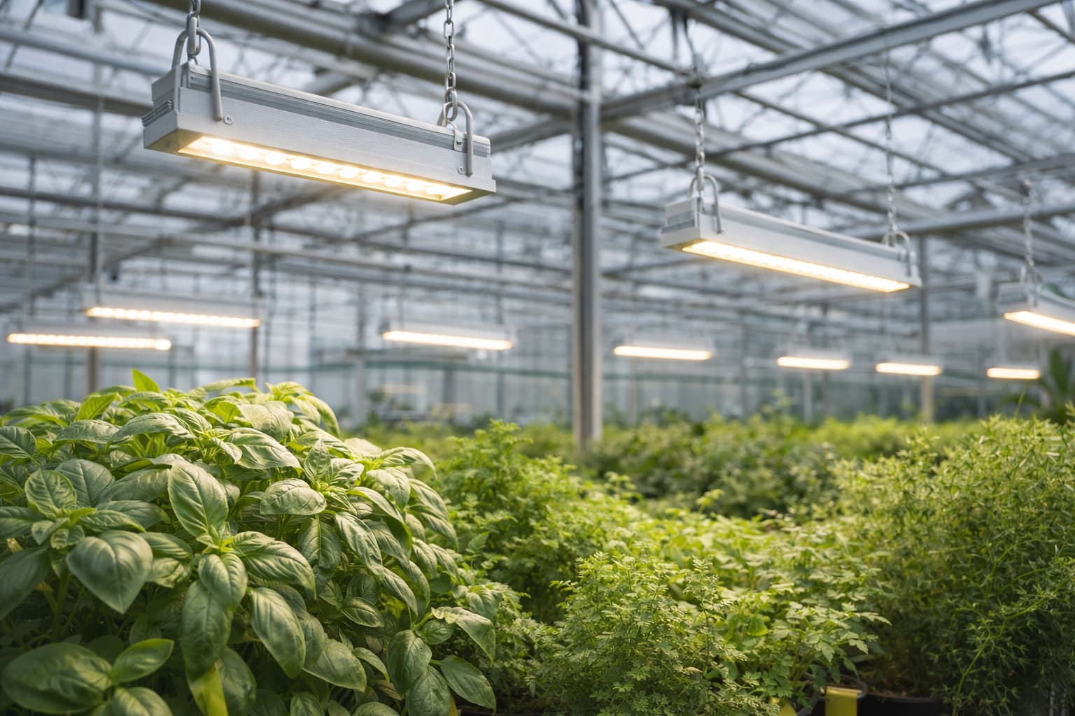 Medicinal cannabis under LED grow lights in a controlled cultivation environment
