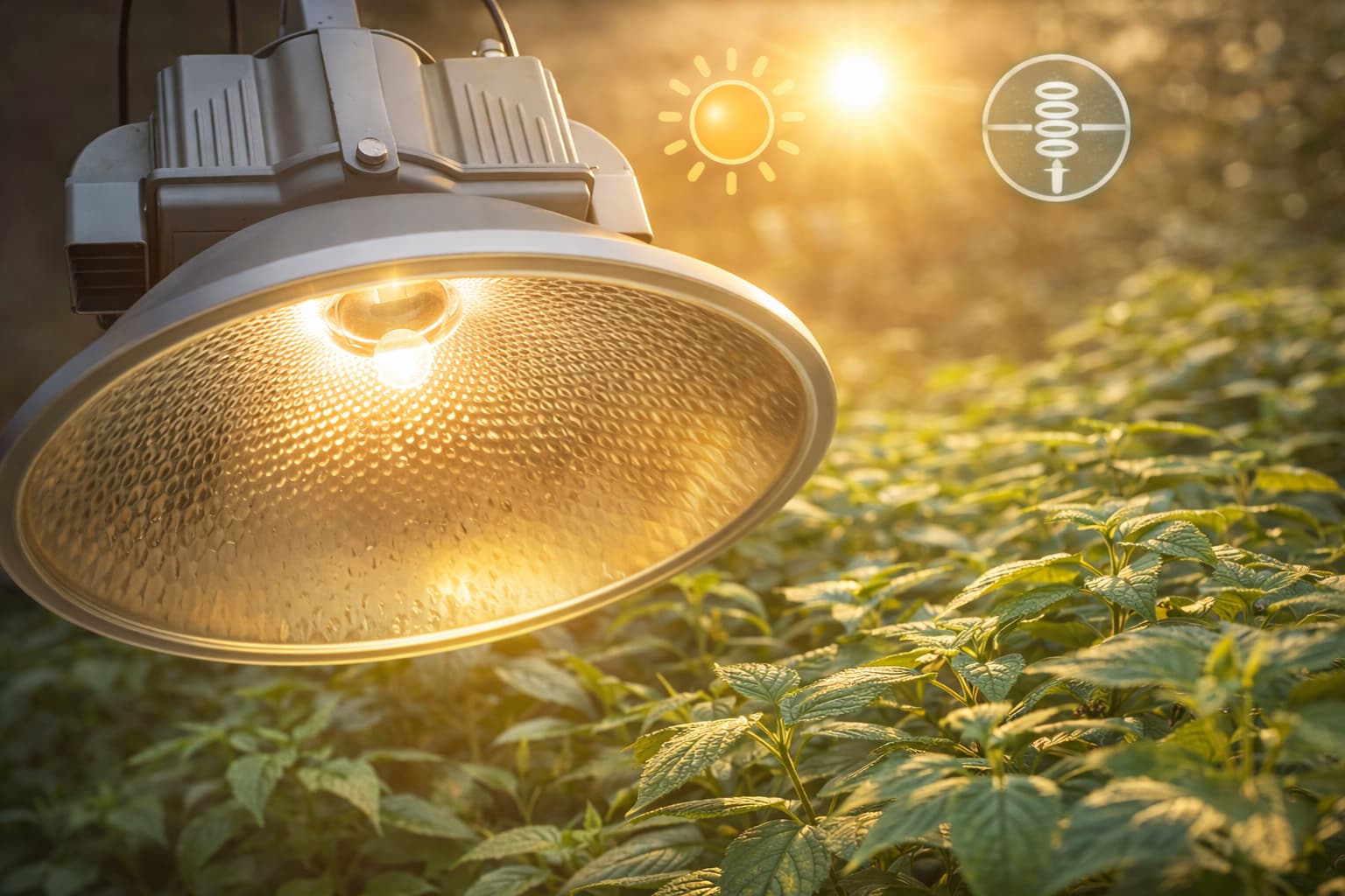 Sulphur plasma grow light with sunlight spectrum above plants in grow environment