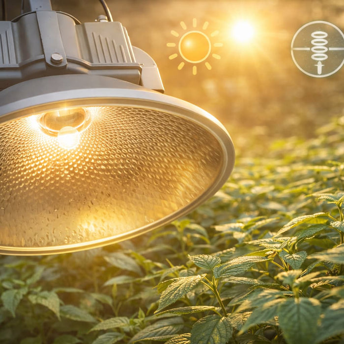 Sulphur plasma kweeklamp met zonlicht spectrum boven planten in kweekomgeving