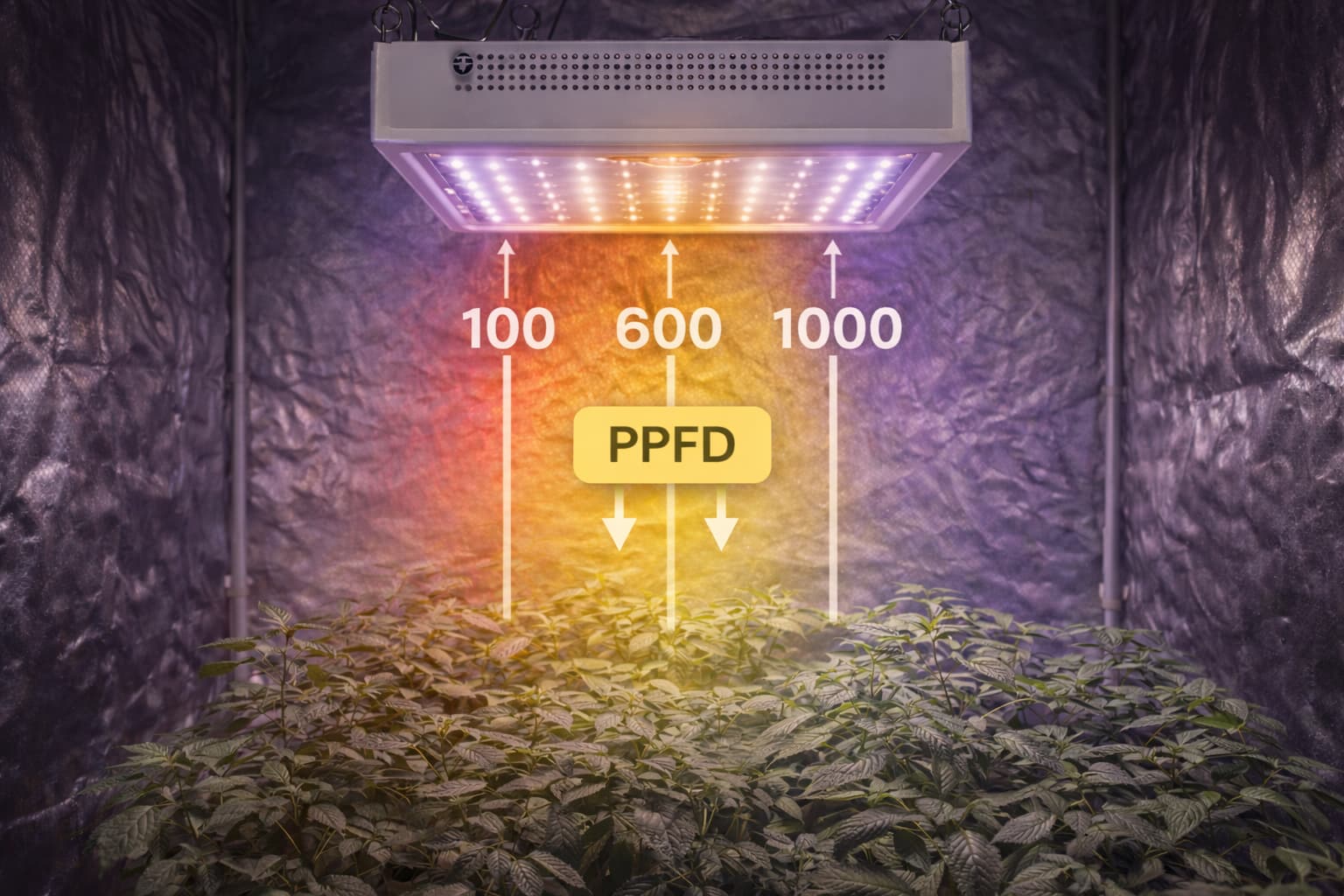 PPFD light distribution under LED grow light for plant growth and flowering
