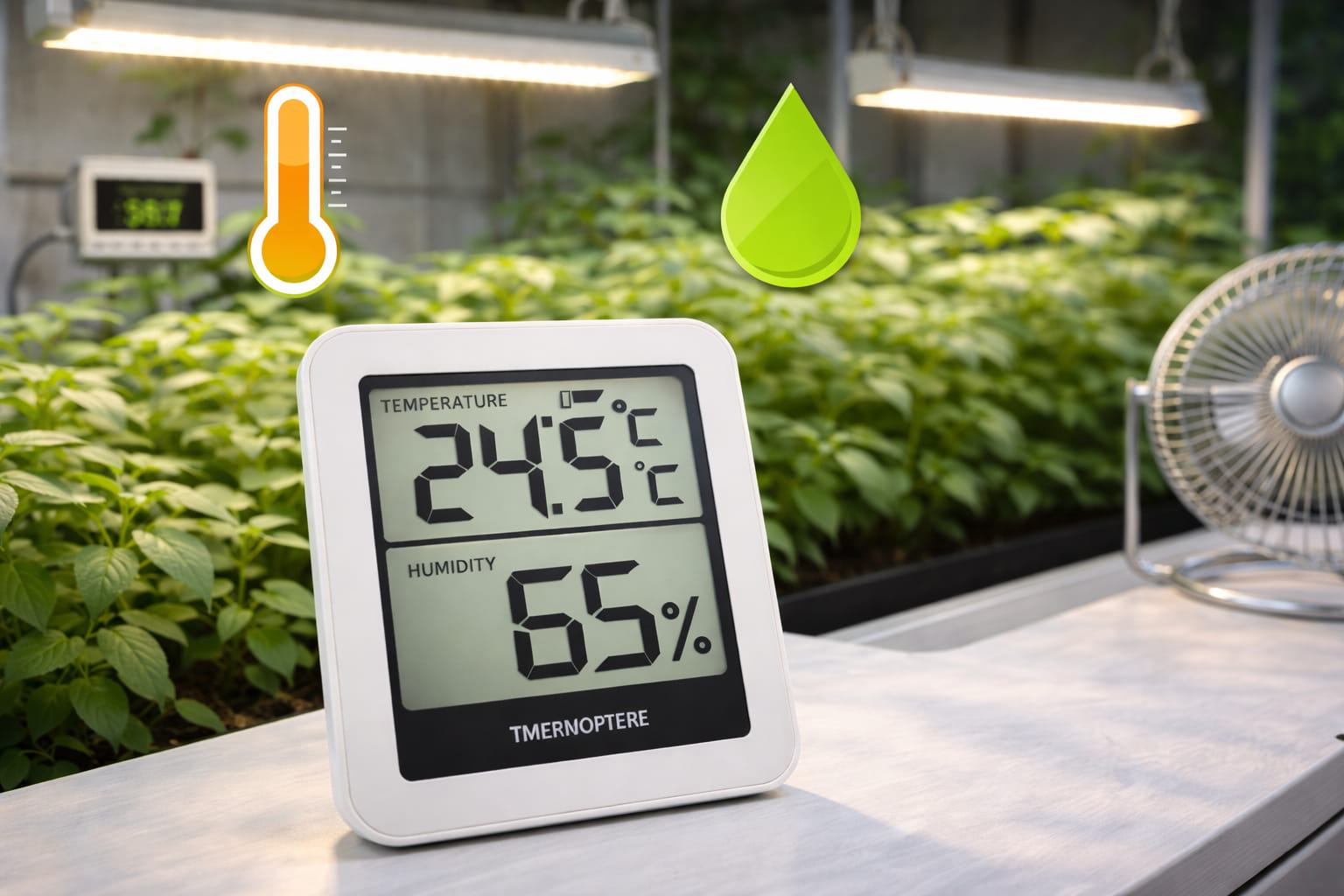 Measuring temperature and humidity in grow room with plants under LED lighting