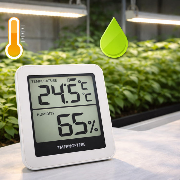 Temperatuur en luchtvochtigheid meten in kweekruimte met planten onder LED verlichting