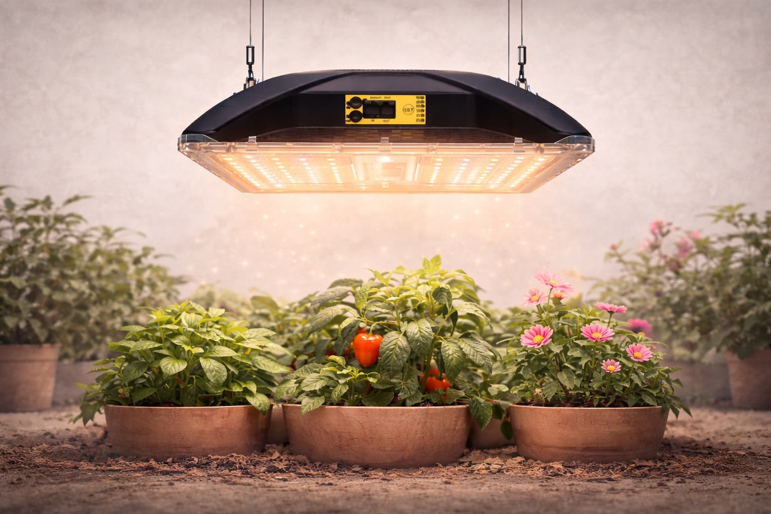Which grow light to choose: LED grow light above plants for indoor growth and flowering