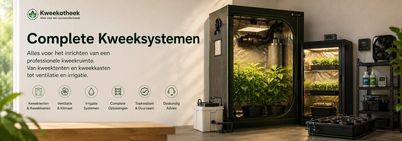 Complete kweeksystemen met kweektent, kweekkast, ventilatie en irrigatie voor een professionele kweekruimte.