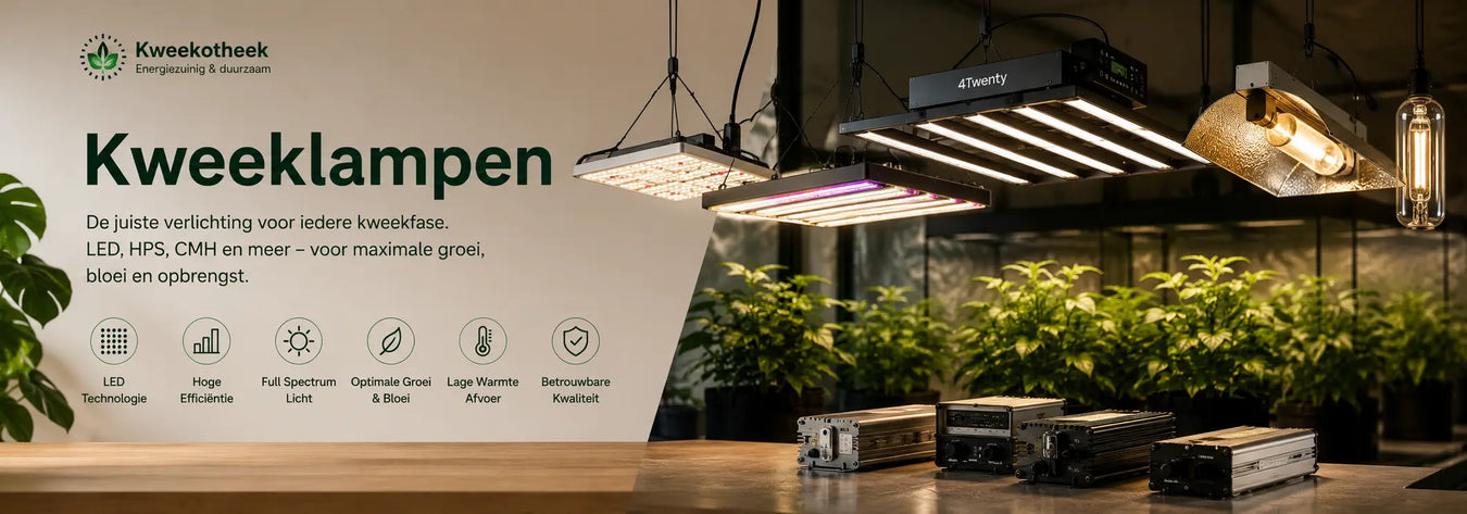 Overzicht van LED, HPS en CMH kweeklampen boven een professioneel gewas in een kweekruimte.