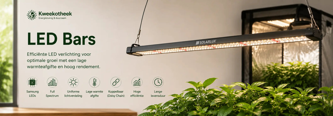 LED baar kweeklamp met Full Spectrum verlichting boven een gewas in een kweekruimte.