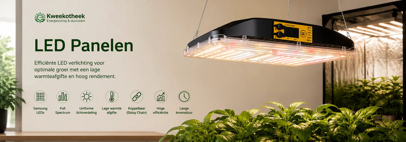LED paneel kweeklamp boven een professioneel gewas in een kweekruimte.