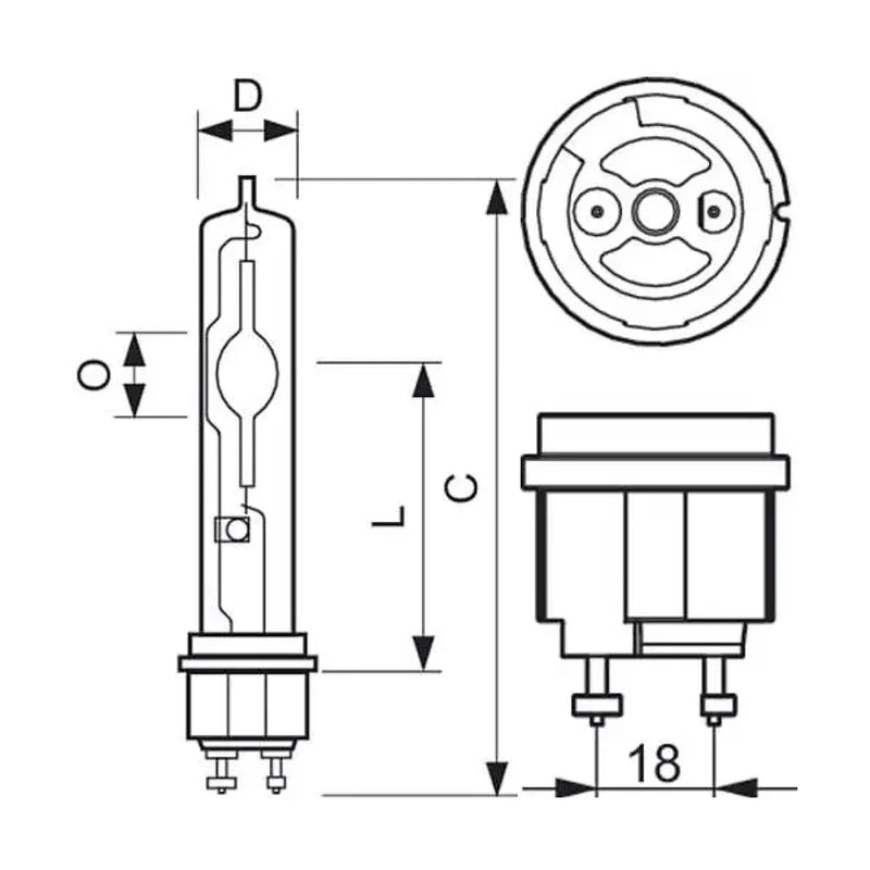 Diagram tekening van 315W CMH lamp en fitting