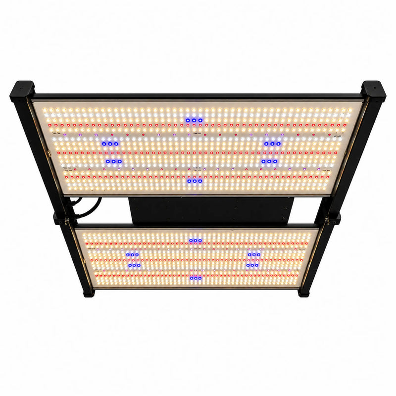 480W Quantum LED kweeklamp ingeschakeld met brandende leds.