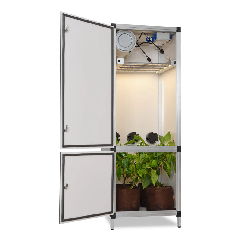 G-Tools Bonanza Clima 0,35m² kweekkast met LED-kweeklamp en planten.