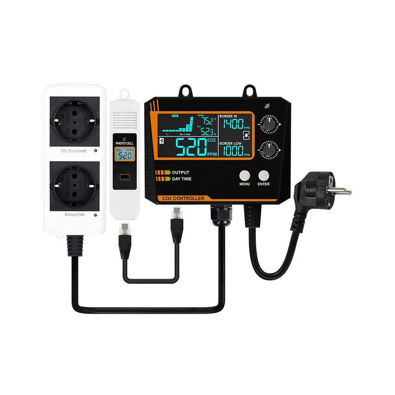 CO₂ Controller Set met automatische CO₂-regeling, sensor en monitor.