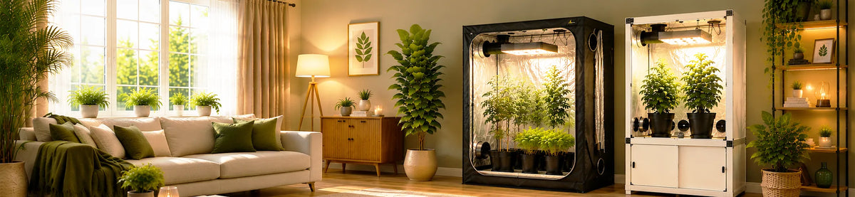 Komplette Anzuchtsets für zu Hause mit einem Growzelt und einem Grow-Schrank in einem modernen Wohnzimmer.