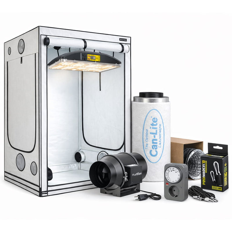 Complete kweektent, inclusief LED-kweeklamp, afzuigventilator, koolstoffilter, timer en ophangset.