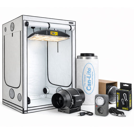 Complete kweektent, inclusief LED-kweeklamp, afzuigventilator, koolstoffilter, timer en ophangset.