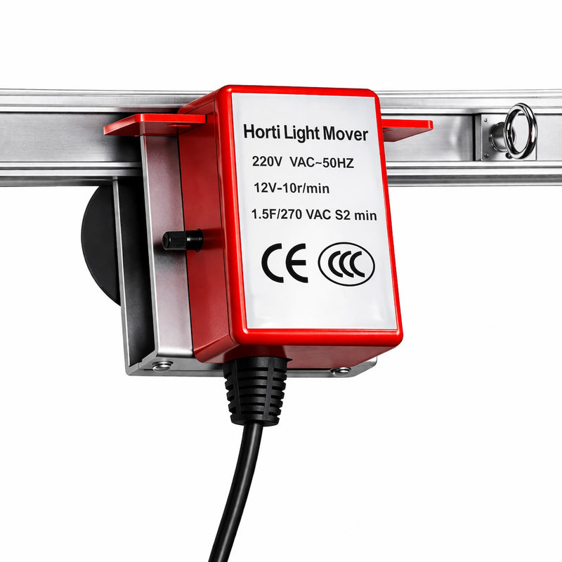 Motor Horti Light Mover met regelbare snelheid en instelbare eindstops.