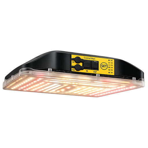 200W Spectrabox Drone LED kweeklamp lens met brandende LEDs en dimmer.