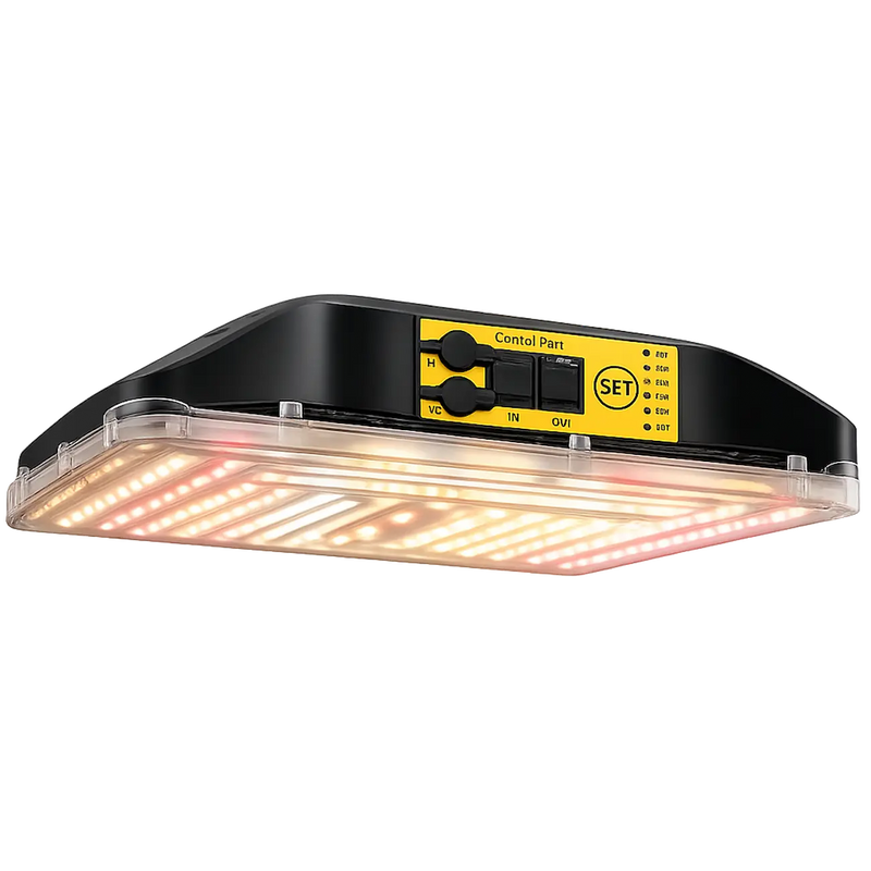 200W Spectrabox Drone LED kweeklamp onderzijde met brandende LEDs en dimmer.
