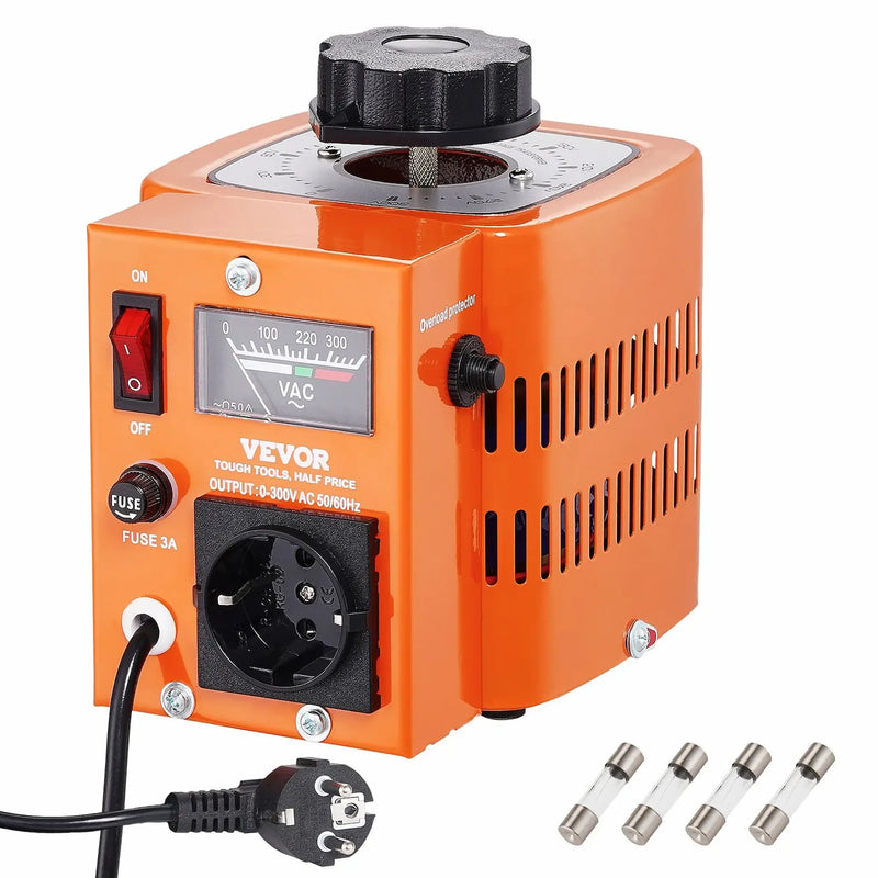 Vevor Variac 500VA variabele transformator met EU-stekker en zekeringen.