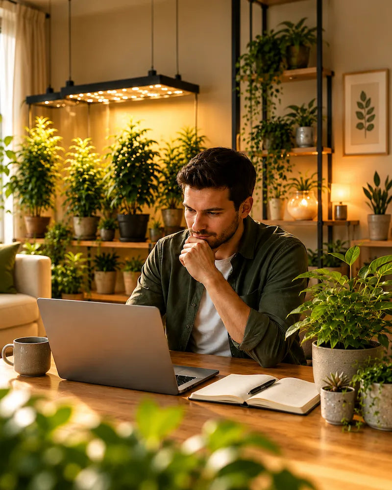 Persoon zoekt advies over LED kweekverlichting in een sfeervolle woonkamer met planten en kweeklampen.