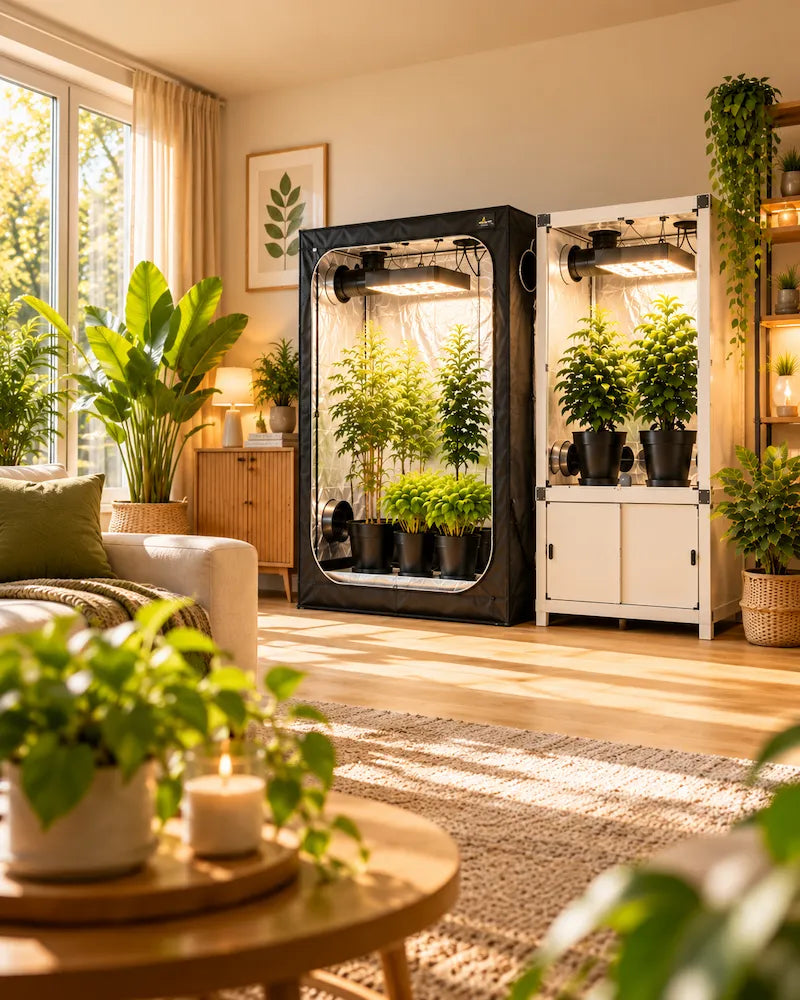 Kweektent en kweekkast met LED kweekverlichting en planten in een sfeervolle woonkamer.
