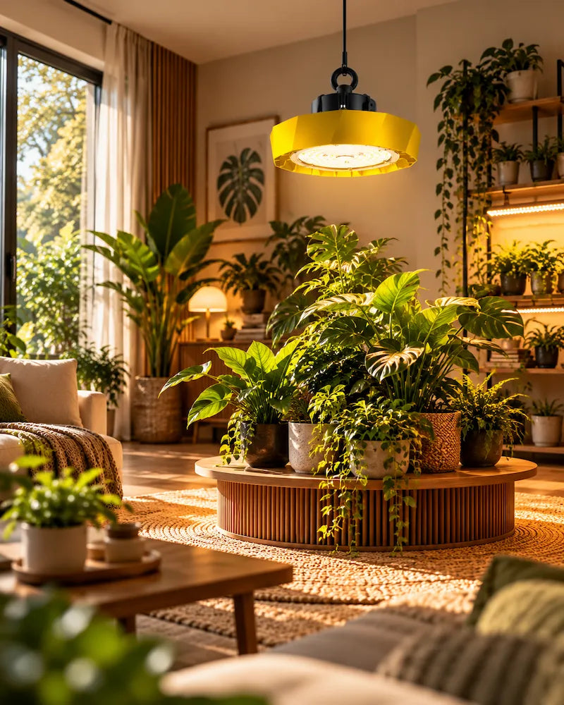 LED kweeklampen voor kamerplanten in een sfeervolle woonkamer.